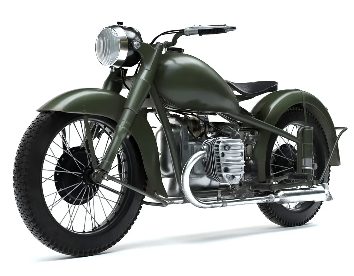 Визуализация мотоцикла М-72 в студийном освещении, демонстрация модели