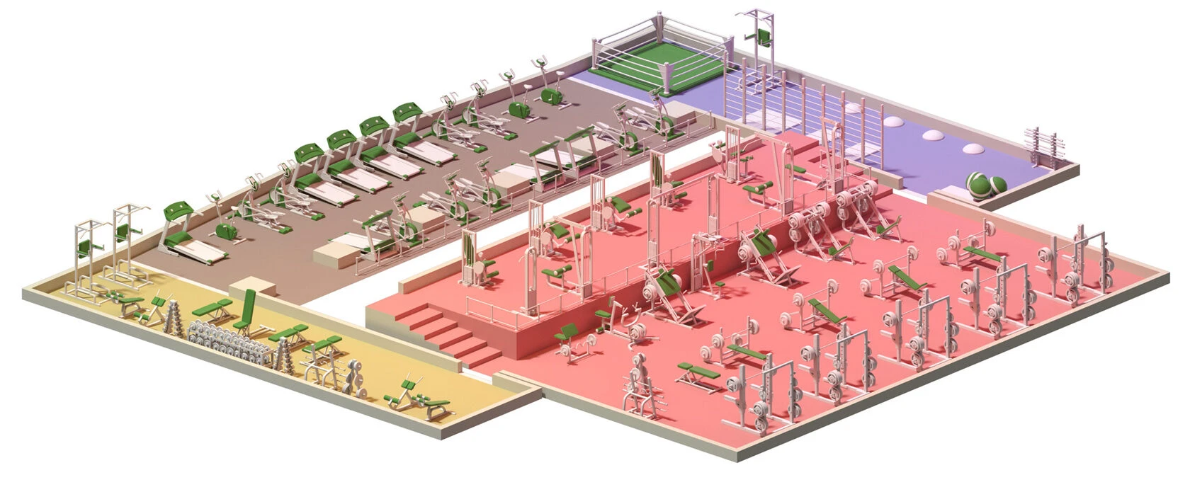 3D визуализация плана тренажерного зала - общий вид с зонированием